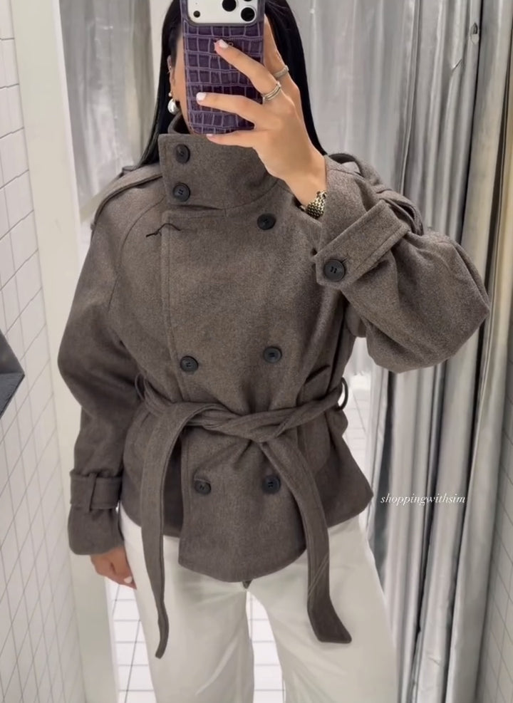 Damen Kurzblouson‑Trenchcoat aus Wollmix mit hohem Stehkragen und Bindegürtel Echo Archiv