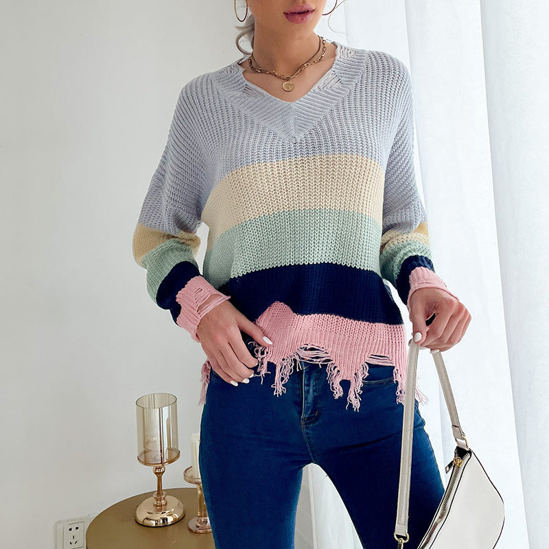 Damen Oversize Strickpullover mit V‑Ausschnitt, Streifenmuster und ausgefranstem Saum Echoarchiv
