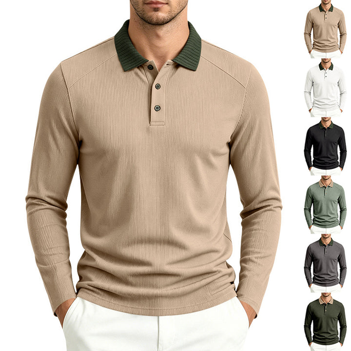 Herren Langarm-Poloshirt mit gerippter Kontrastkragen und feiner Waffelstruktur Echoarchiv