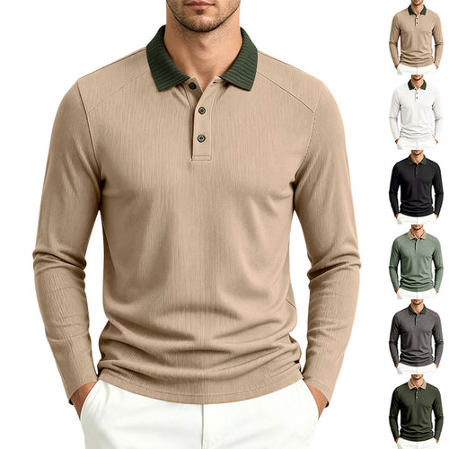 Herren Langarm-Poloshirt mit gerippter Kontrastkragen und feiner Waffelstruktur Echoarchiv