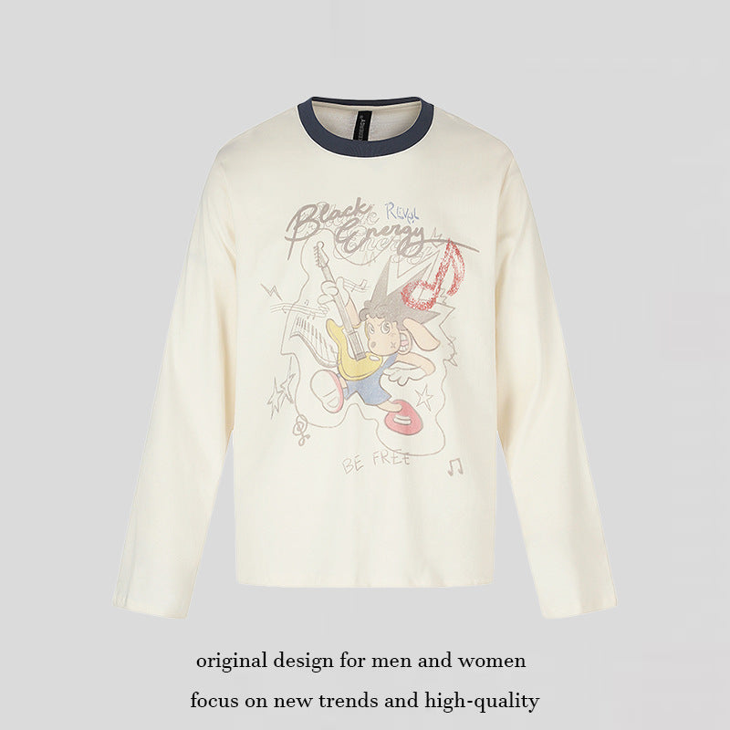 Damen Langarmshirt mit Comic-Gitarrenprint, Glitzerdetail und Kontrastkragen Echoarchiv