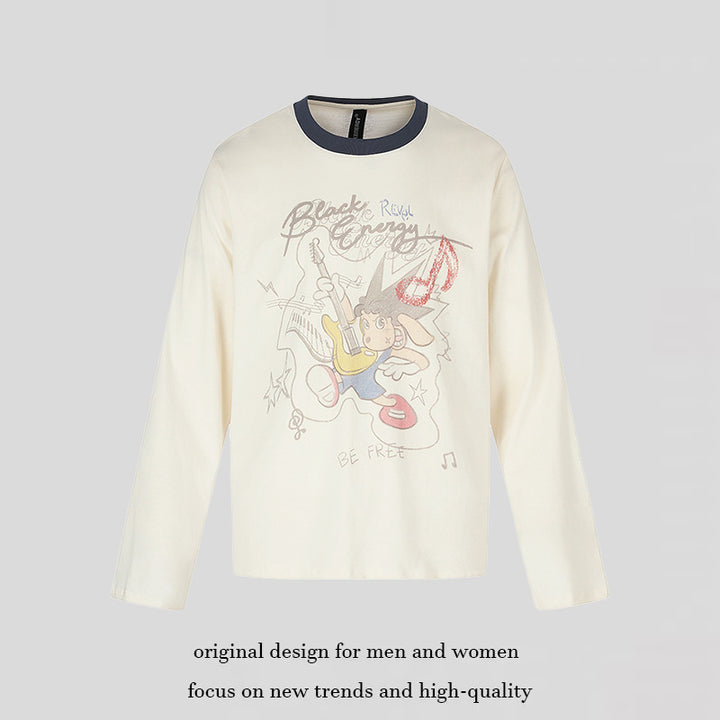 Damen Langarmshirt mit Comic-Gitarrenprint, Glitzerdetail und Kontrastkragen Echoarchiv