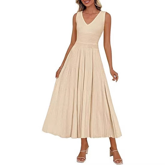 Damen Plisseekleid mit V-Ausschnitt und weitem Saum Echo Archiv