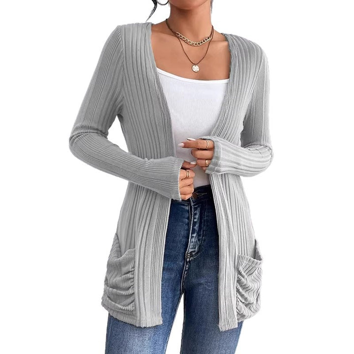 Damen Gerippter Langcardigan mit offener Front, Eingrifftaschen und legerer Passform – Veloura