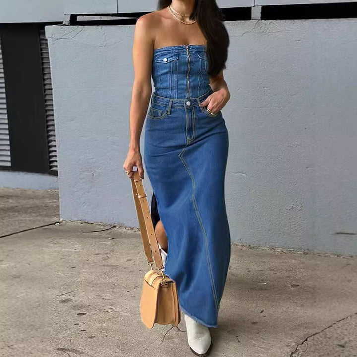 Damen High-Waist Maxirock aus Denim mit frontaler Ziernaht und seitlichem Beinschlitz Echo Archiv