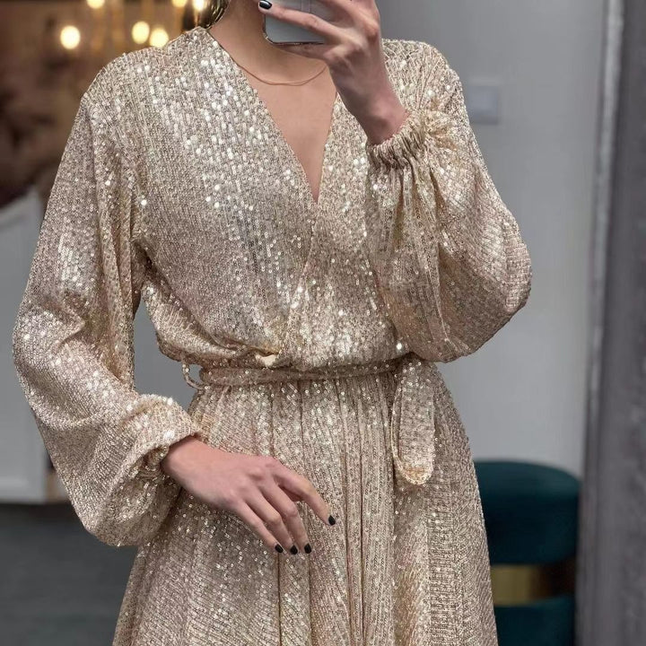 Damen funkelndes Cocktailkleid mit V-Ausschnitt und Taillengürtel Echo Archiv