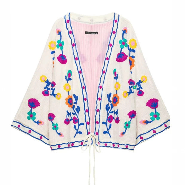 Damen Bestickter leichter Kimono-Cardigan mit floralem Motiv und Bindeband Echo Archiv