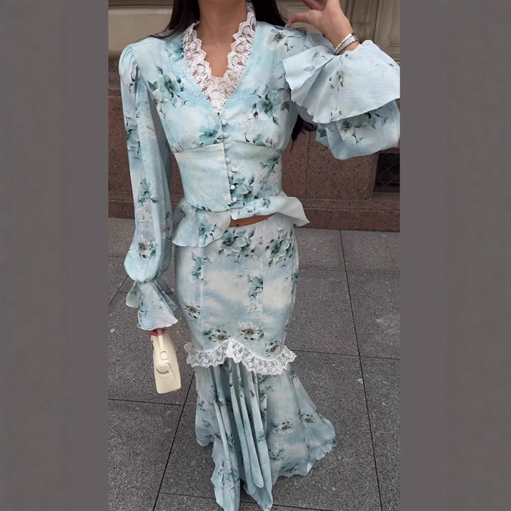 Damen Zweiteiliges Maxikleid-Set mit Korsagenoberteil, Volantärmeln und Spitzenbesatz Echoarchiv