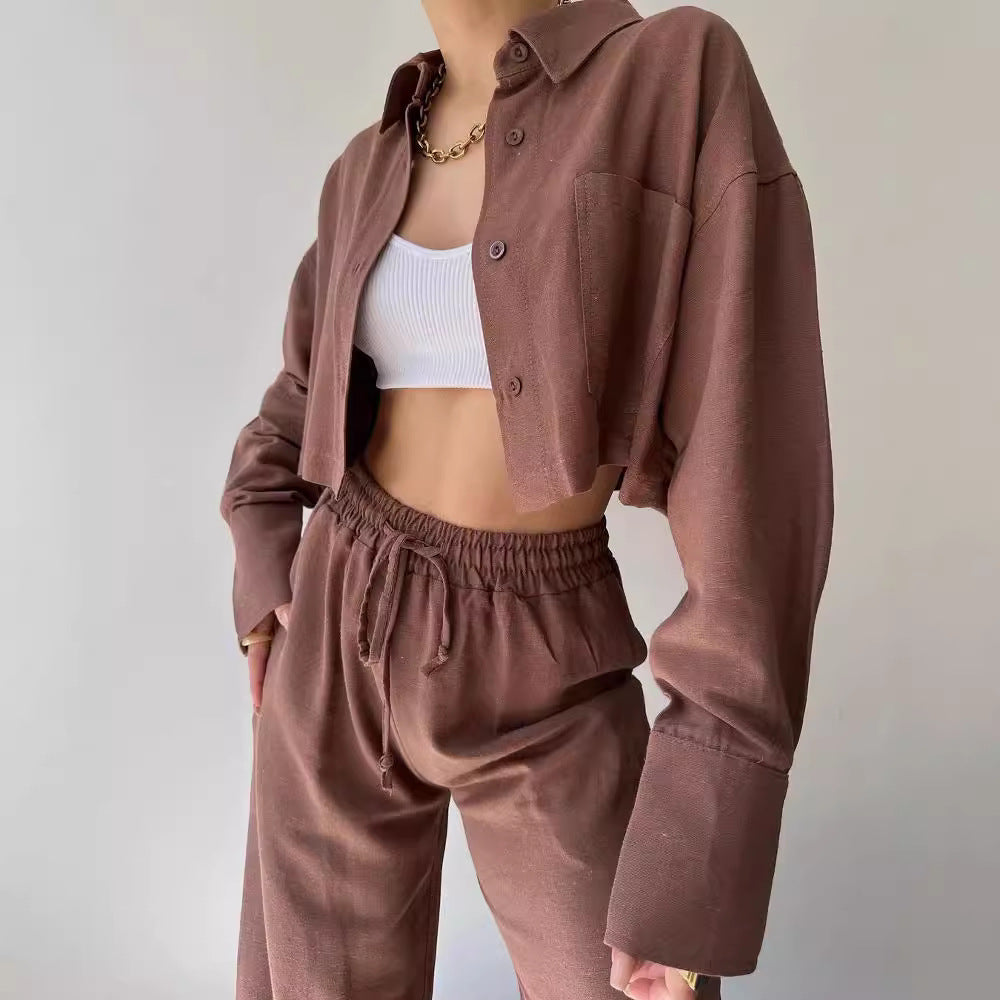 Damen Leinenoptik-Loungewear-Set mit Cropped-Overshirt und High-Waist-Tunnelzughose Echoarchiv