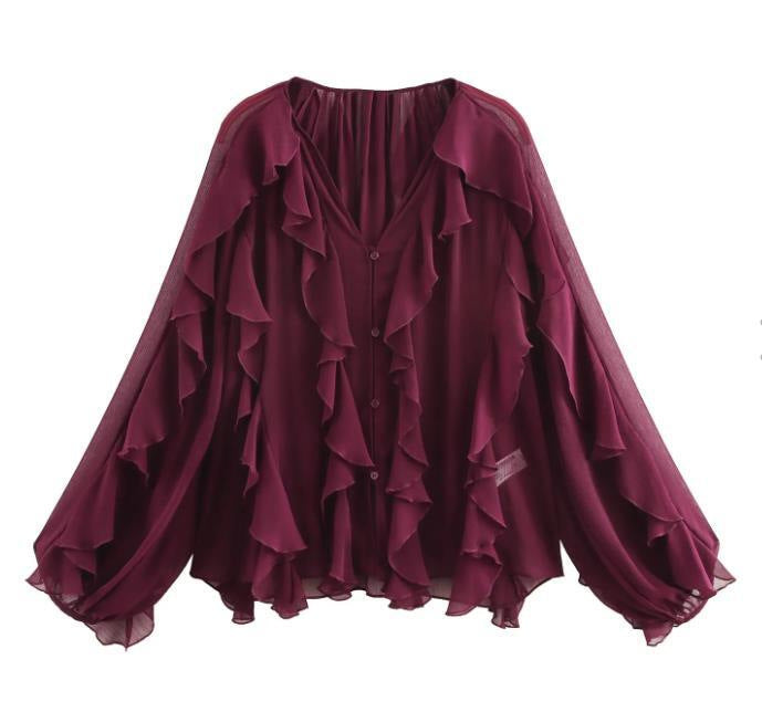 Damen nan feminine Chiffon-Volantbluse mit Ballonärmeln und V-Ausschnitt Echo Archiv