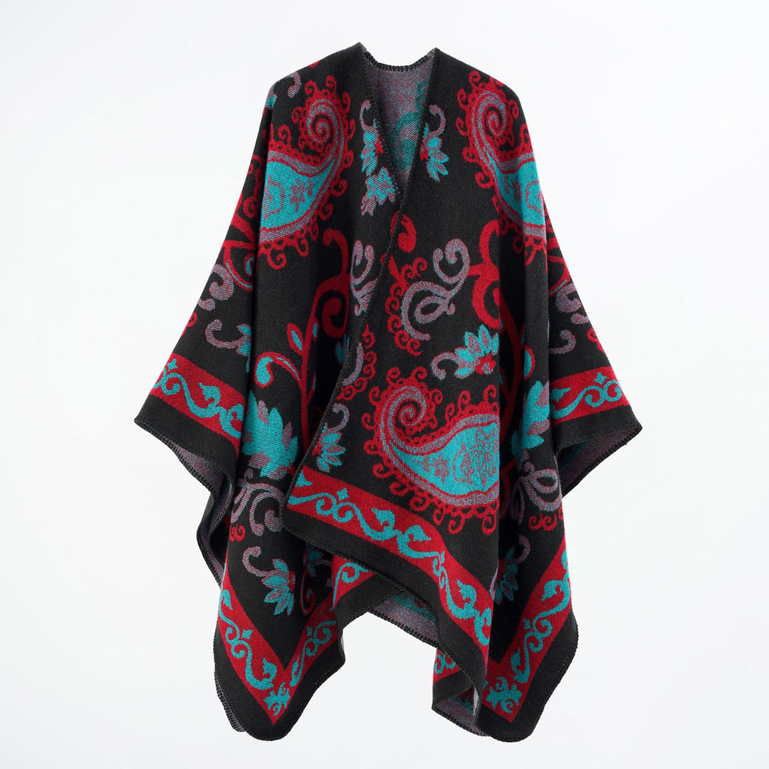 Damen Jacquard-Wollmix-Poncho mit Paisley‑Jacquard und offenem Kimono‑Fall – Montévia