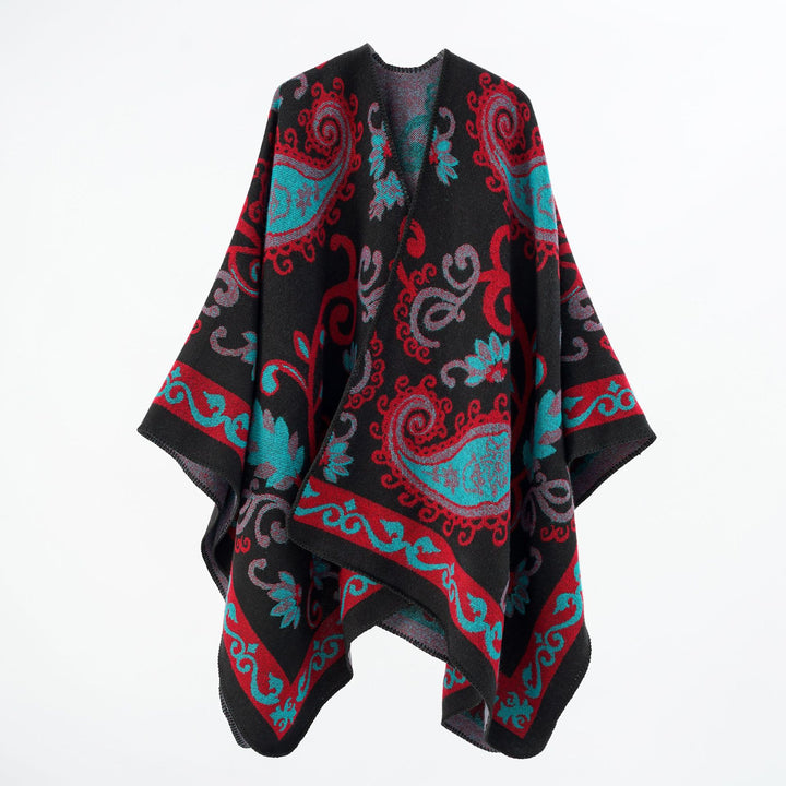 Damen Jacquard-Wollmix-Poncho mit Paisley‑Jacquard und offenem Kimono‑Fall – Montévia