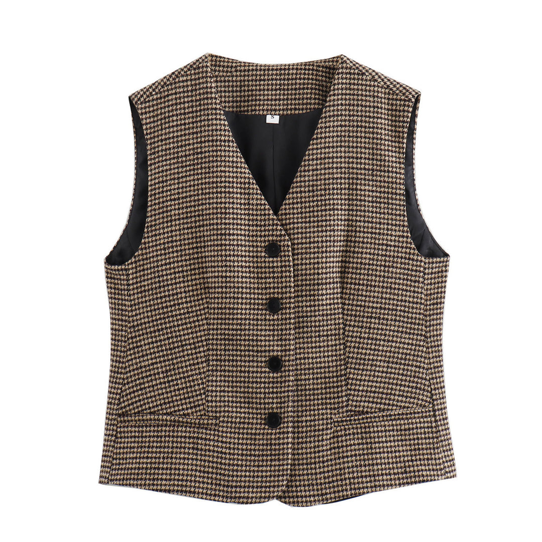 Damen tailliertes Hahnentritt-Gilet mit V-Ausschnitt und Knopfleiste – Avérine