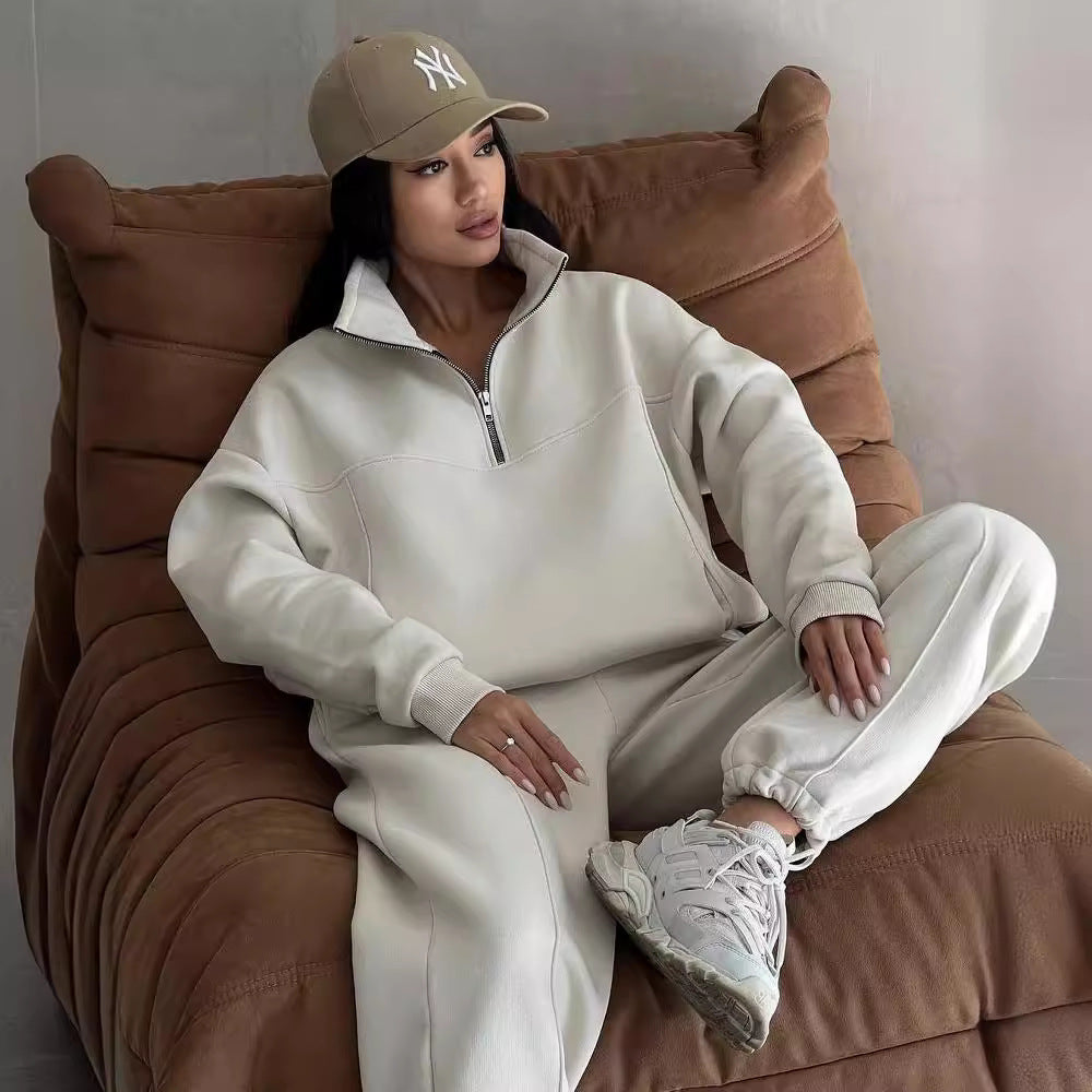 Damen Weiches Oversized Lounge-Set mit Troyer-Kragen, Eingrifftaschen und schmeichelhafter High-Waist Hose Echoarchiv