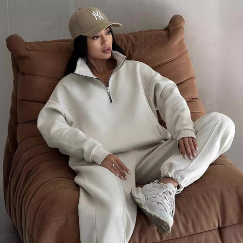 Damen Weiches Oversized Lounge-Set mit Troyer-Kragen, Eingrifftaschen und schmeichelhafter High-Waist Hose Echoarchiv
