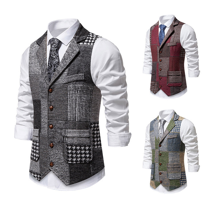 Herren Patchwork-Tweed-Weste mit Reverskragen und Pattentaschen Echo Archiv