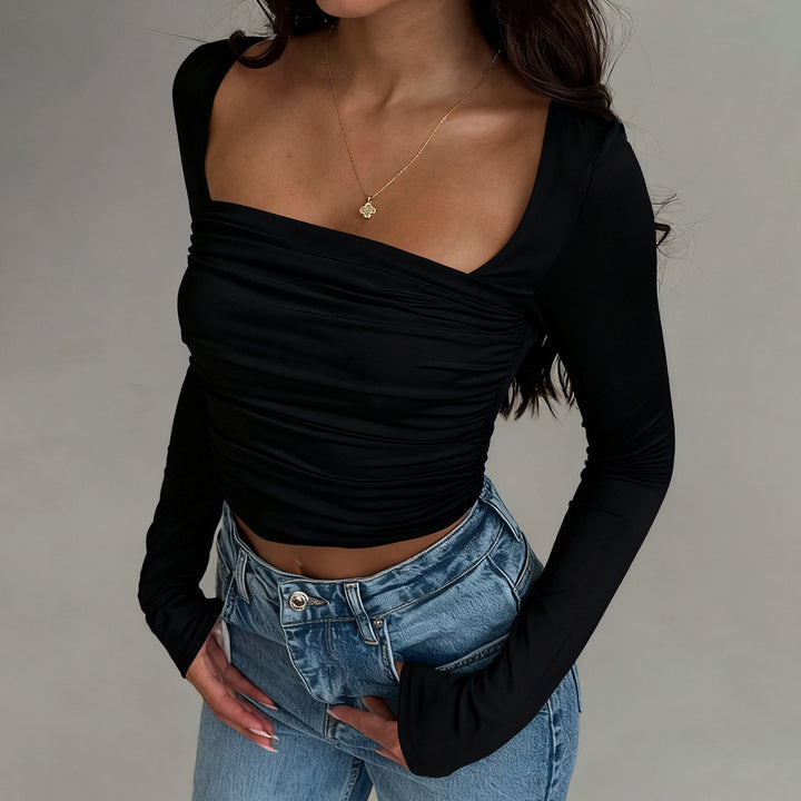 Damen Tailliertes langärmeliges Crop-Top mit eckigem Ausschnitt und Raffung Echo Archiv