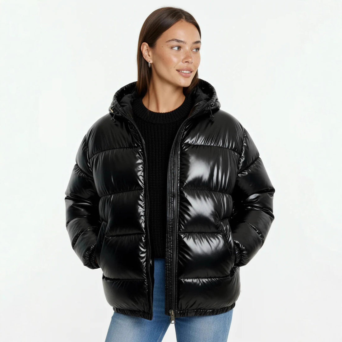 Damen Hochglanz Steppjacke mit Kapuze – Célinea