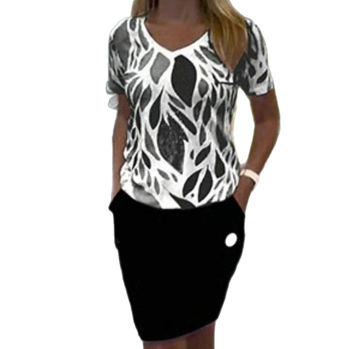 Damen nan lässiger Jersey-Zweiteiler mit bedrucktem V-Ausschnitt-Shirt und knielangem Bleistiftrock mit Eingrifftaschen Echo Archiv