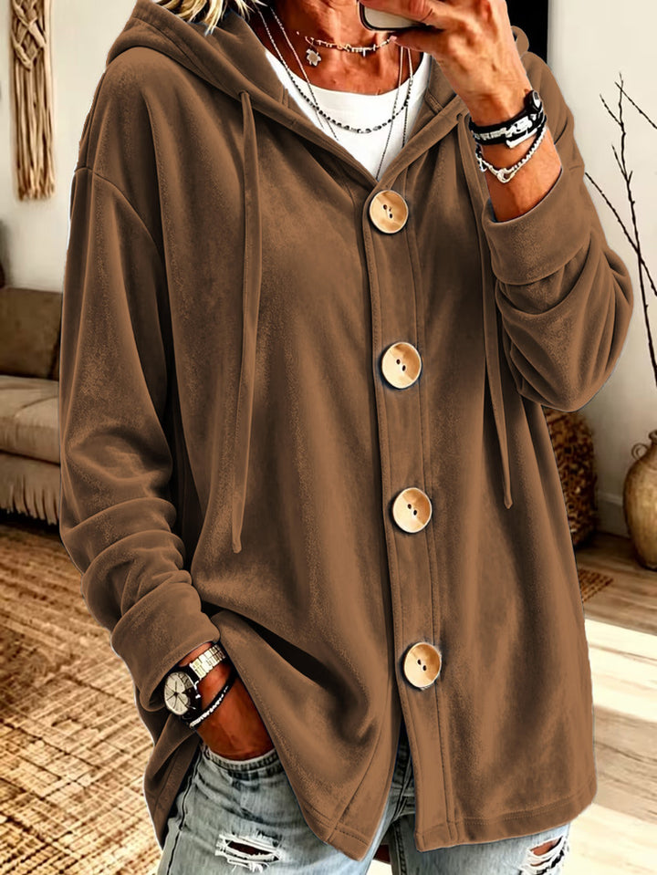 Damen Oversize Kapuzen-Samtjacke mit großen Holzknöpfen und weichem Veloursfutter Echoarchiv
