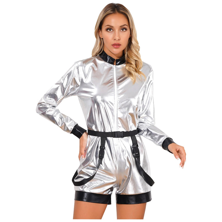 Damen Futuristischer Glanz-Jumpsuit mit Reißverschluss und abnehmbarem Gürtel Echo Archiv