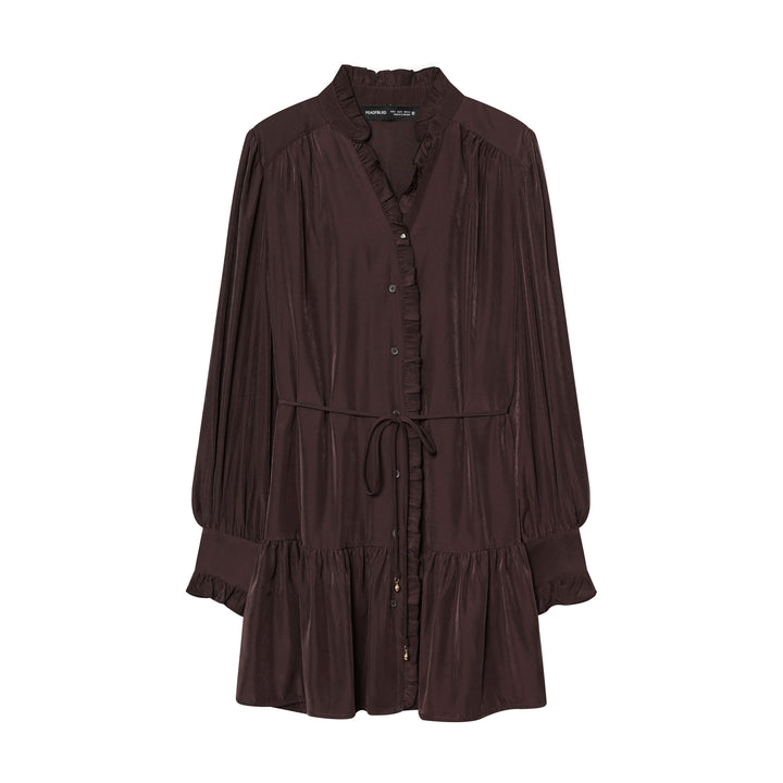Damen gepunktetes Midikleid mit Rüschenblende, Taillenzug und stufigem Volantrock – Élara