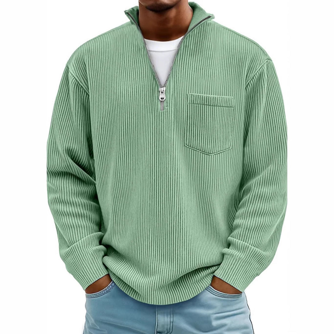 Herren Rippstrickpullover mit kurzem Reißverschluss und Brusttasche EB – Norvane