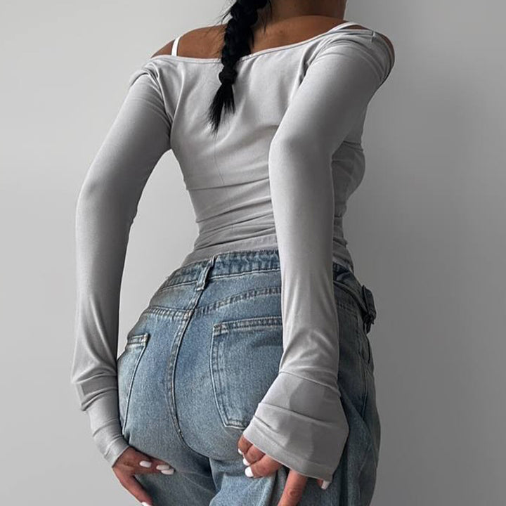 Damen nan tailliertes Longsleeve-Cropped-Top mit eckigem Ausschnitt und doppelten Spaghettiträgern Echo Archiv