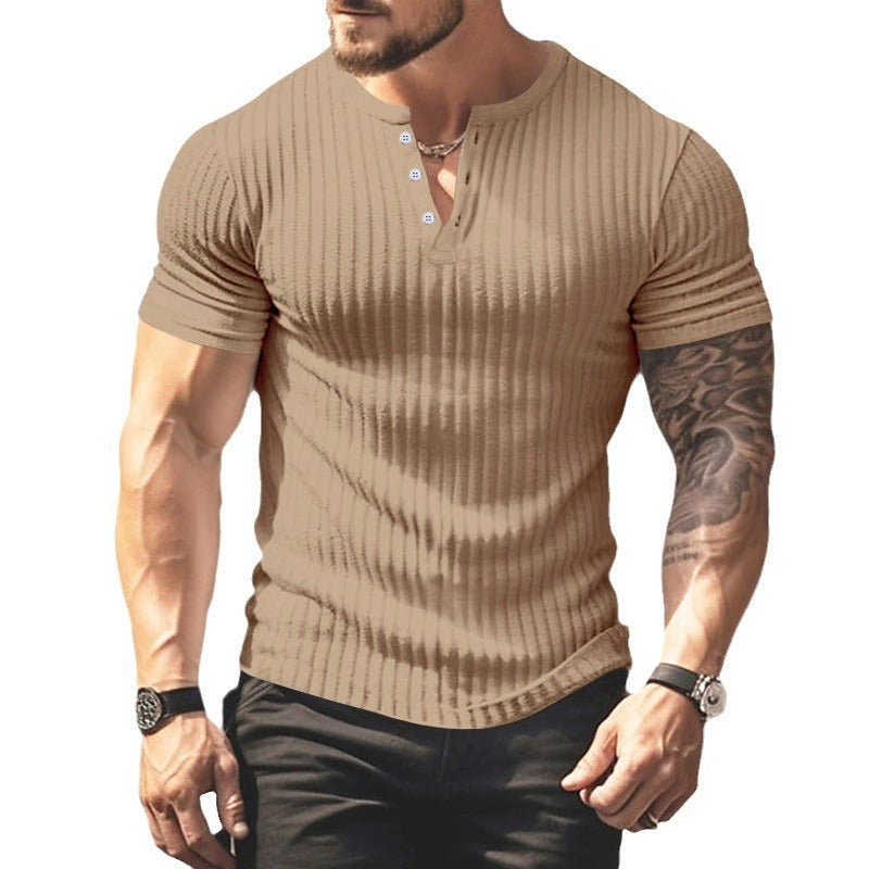 Herren Kurzarm-Henley T-Shirt aus strukturiertem Material mit modischen Knöpfen Echoarchiv