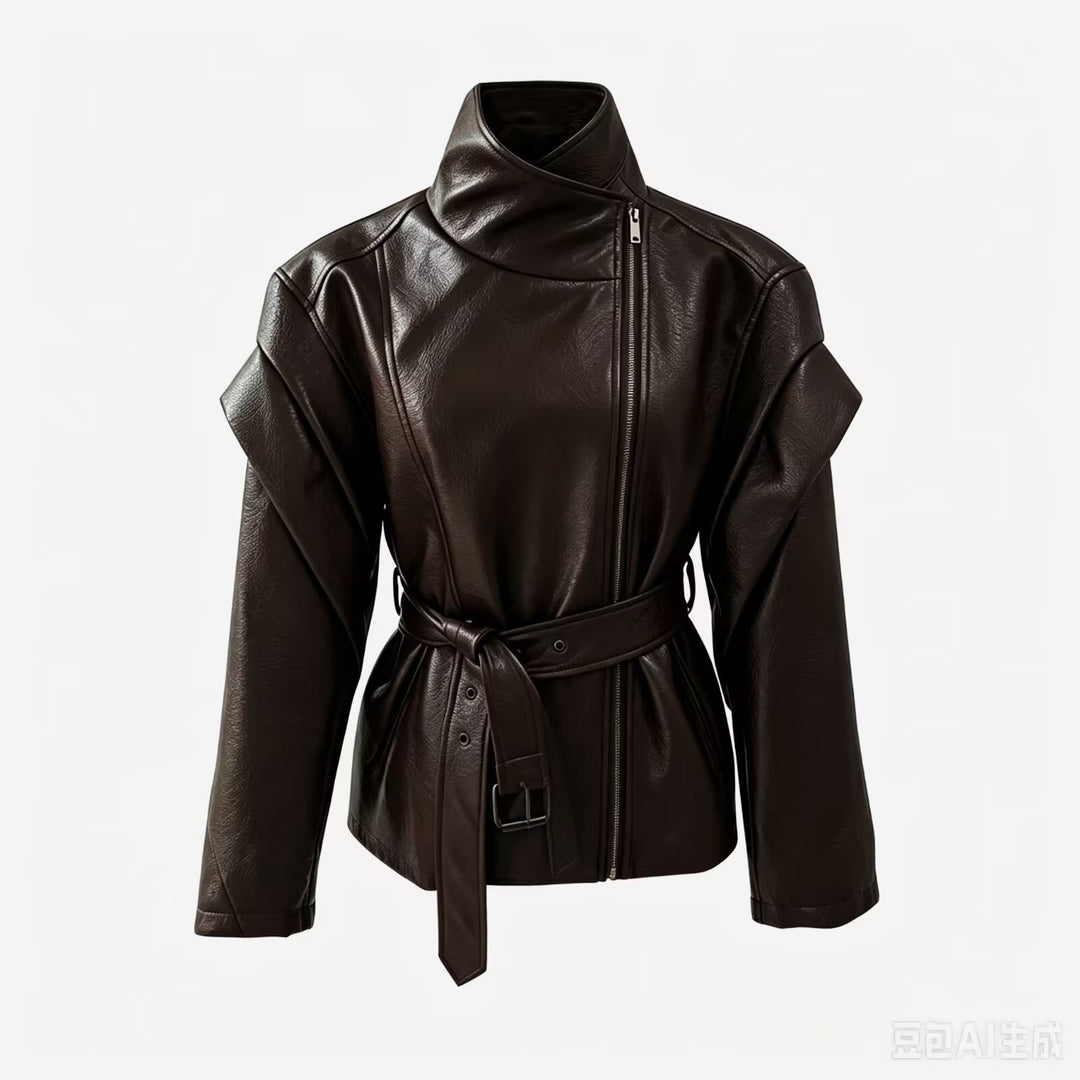 Damen Taillierte Kunstlederjacke mit hohem Stehkragen, asymmetrischem Reißverschluss und Bindegürtel Echo Archiv
