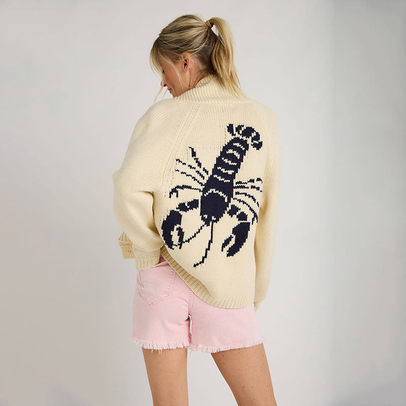 Damen Grobstrick Rollkragenpullover mit Hummer-Intarsie und lässiger Oversize-Passform Echoarchiv