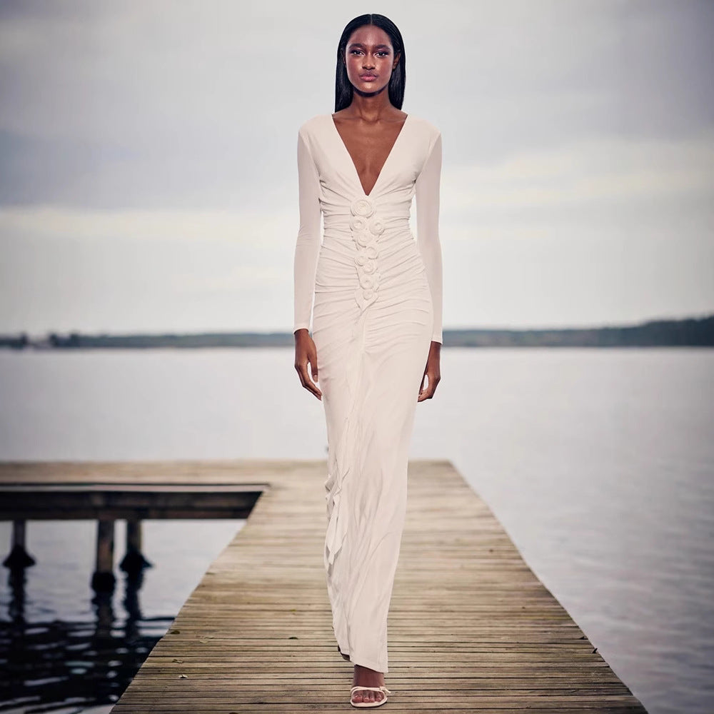 Damen Langärmliges Maxikleid mit figurschmeichelndem Drapé und floralen Applikationen Echo Archiv