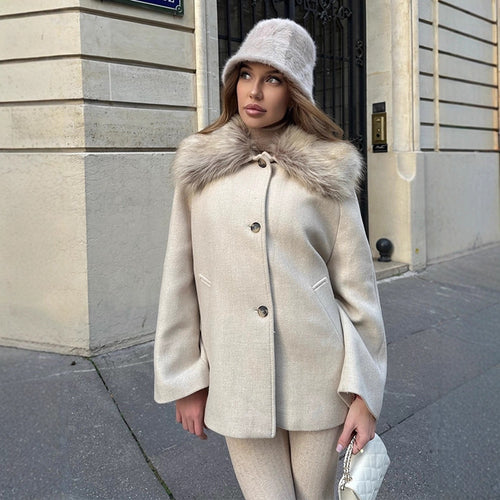 Damen Kurzmantel mit Webpelz-Schalkragen & kastiger Oversize-Silhouette Echoarchiv