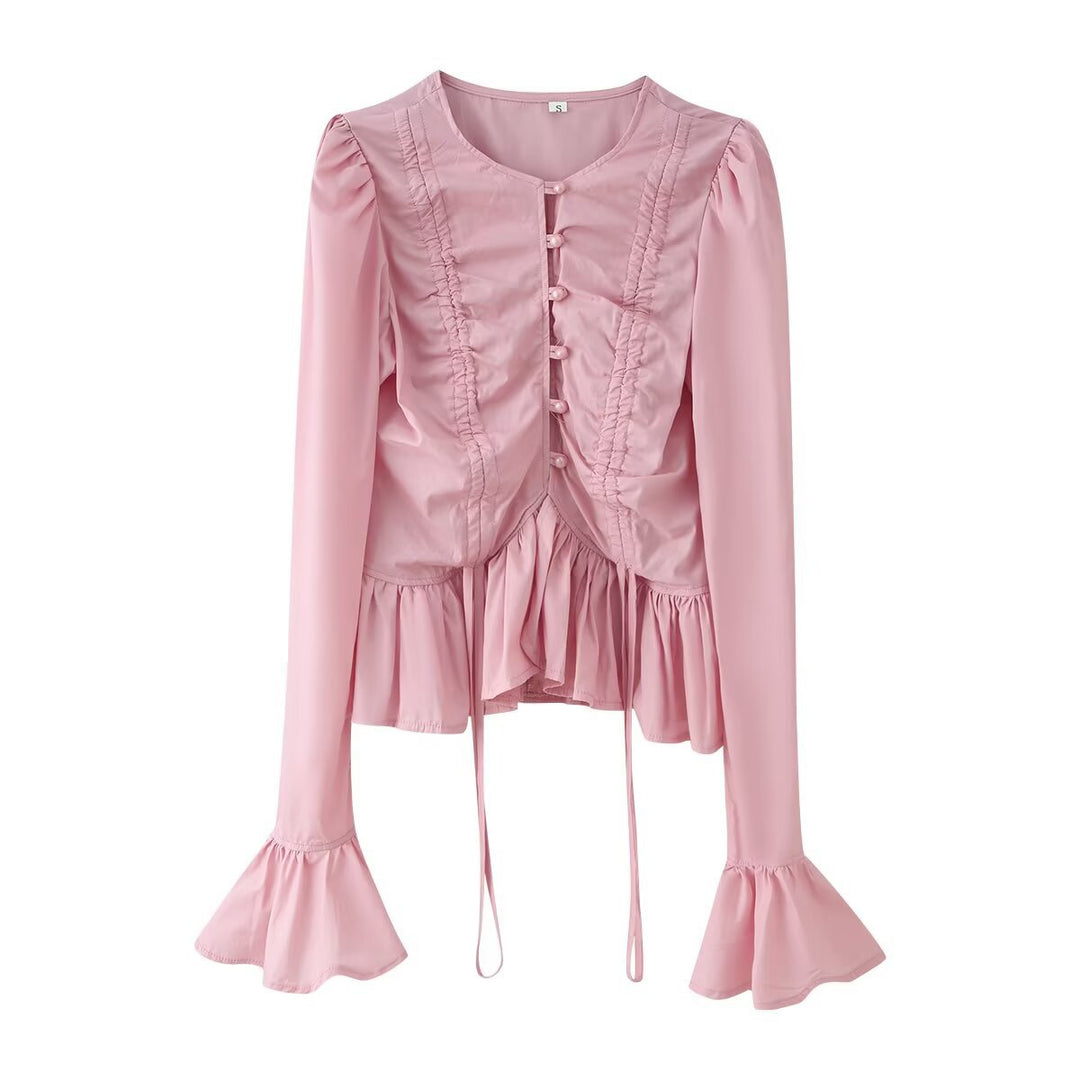 Damen Rüschenbluse mit Kordelzug‑Frontraffung, Volant‑Saum und Glockenärmeln Echo Archiv