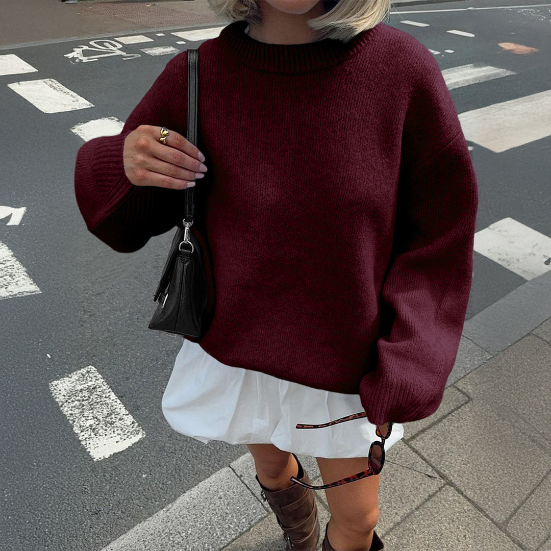 Damen Oversize-Feinstrickpullover mit Stehkragen, verlängerter Rückenpartie und Ballonärmeln – Mavelle
