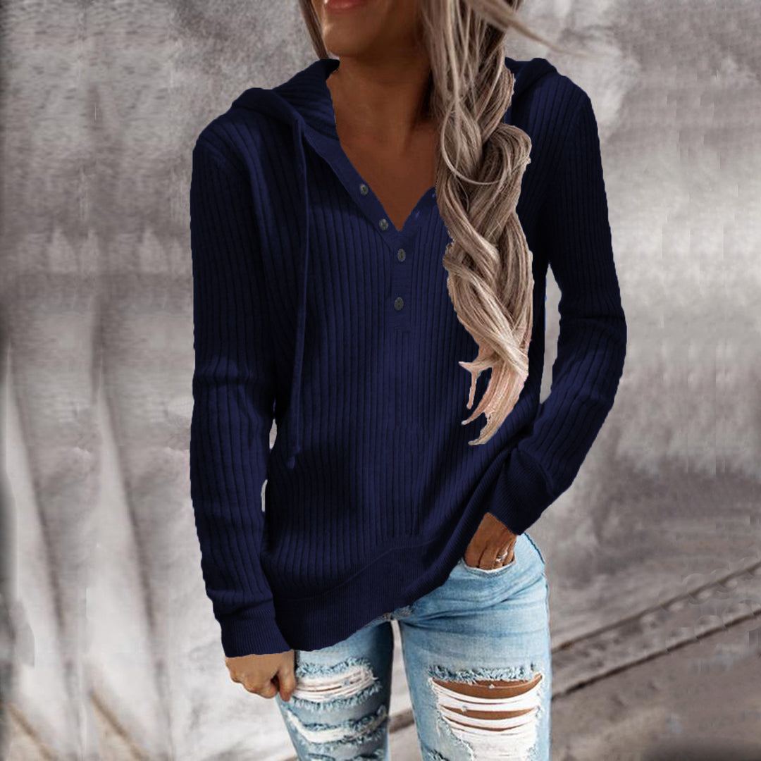 Damen Lässiger gerippter Hoodie-Pullover mit Henley-Knopfleiste und Tunnelzug Echoarchiv