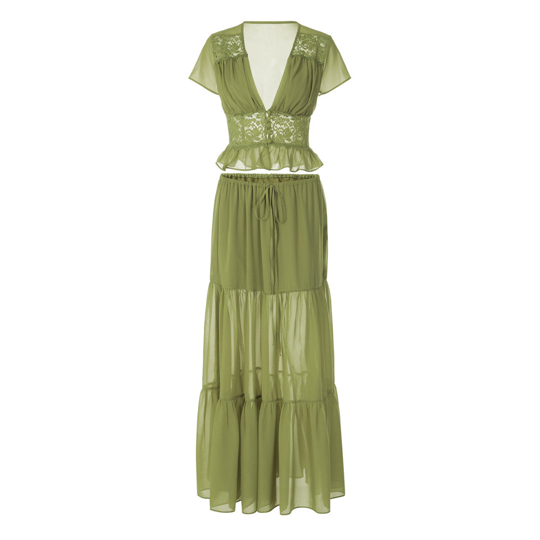 Damen Elegantes Maxikleid mit Spitzenoberteil und fließendem Saum Echo Archiv