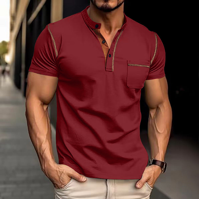 Herren Kurzarm-Henley-Shirt mit kontrastierender Knopfleiste und Brusttasche Echoarchiv
