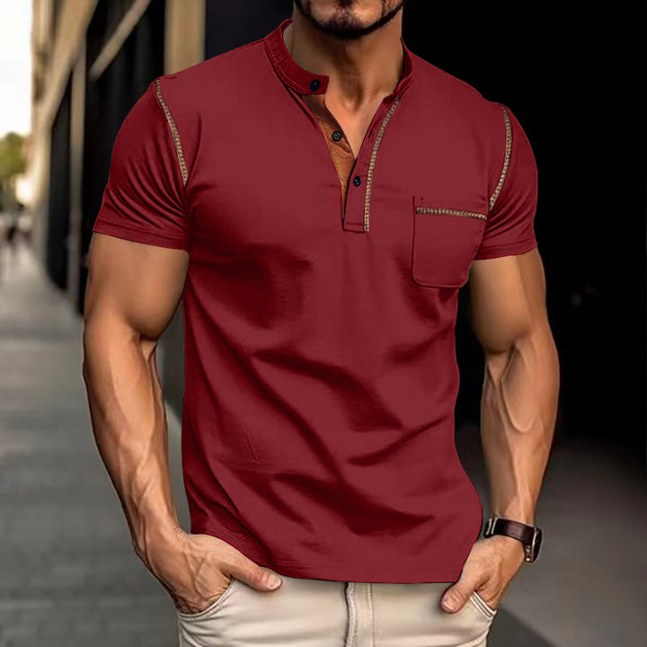Herren Kurzarm-Henley-Shirt mit kontrastierender Knopfleiste und Brusttasche Echoarchiv