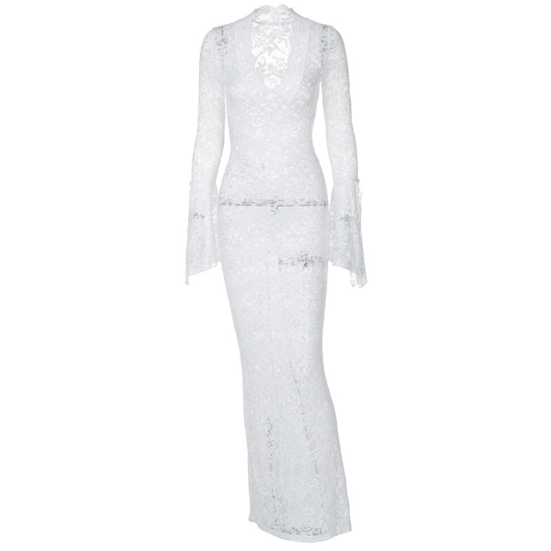 Damen Figurbetontes Spitzenkleid mit tiefem V-Ausschnitt und nostalgischen Puffärmeln Echo Archiv