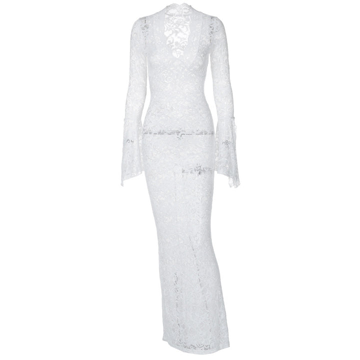 Damen Figurbetontes Spitzenkleid mit tiefem V-Ausschnitt und nostalgischen Puffärmeln Echo Archiv
