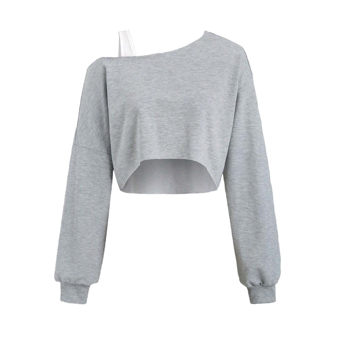 Damen cropped Off-Shoulder Sweatshirt mit einseitigem Träger, Ballonärmeln und Rippbündchen – Avérine