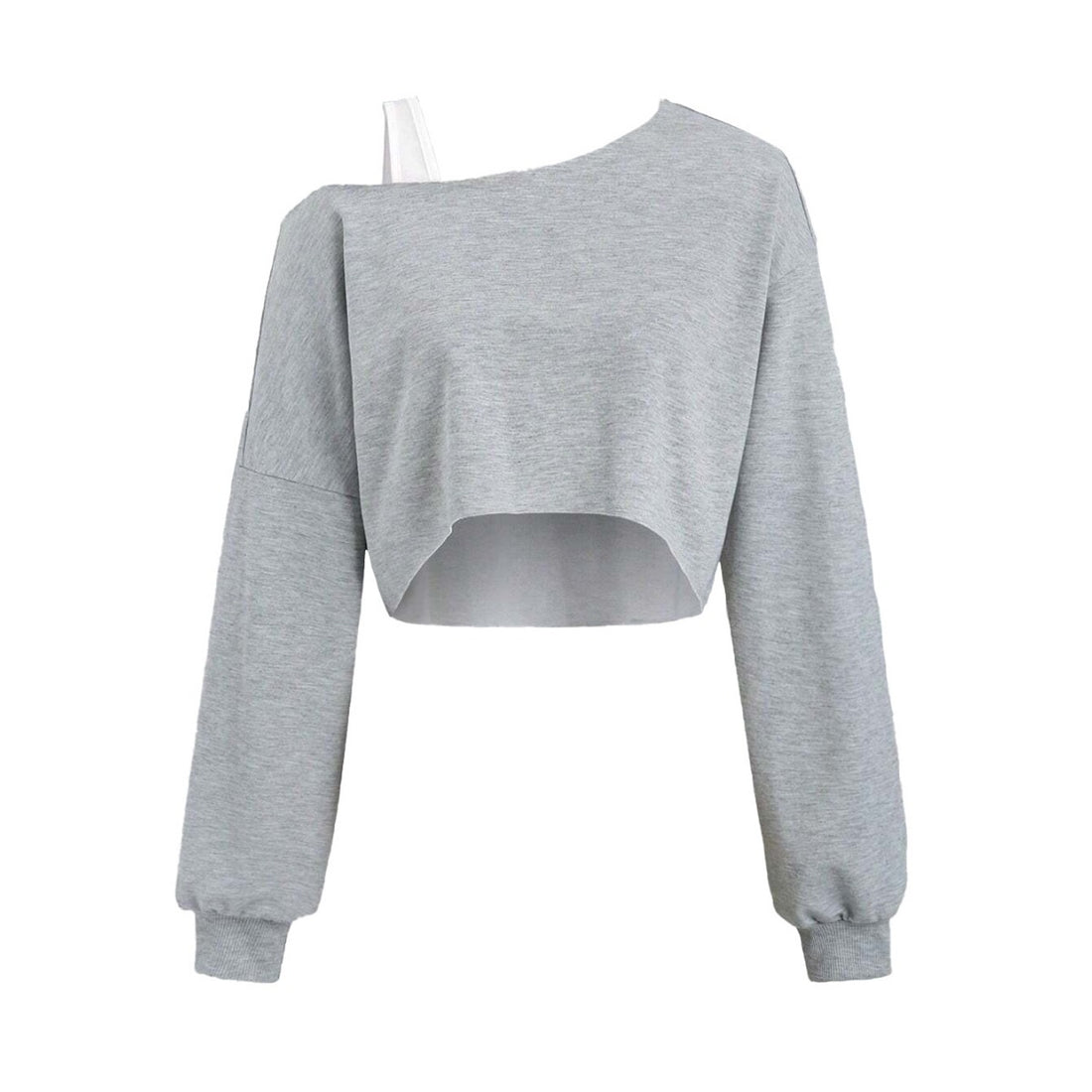 Damen cropped Off-Shoulder Sweatshirt mit einseitigem Träger, Ballonärmeln und Rippbündchen – Avérine