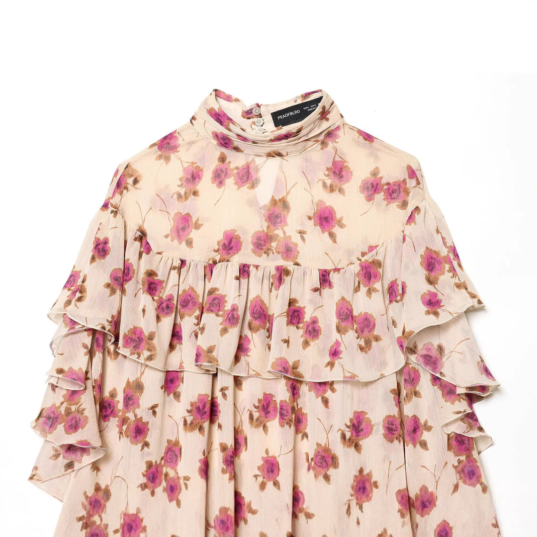 Damen zarte Volantbluse mit Stehkragen, mehrlagigen Rüschenstufen und floralem Chiffon – Élovi
