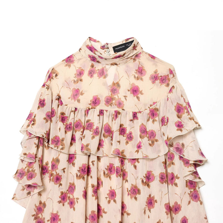 Damen zarte Volantbluse mit Stehkragen, mehrlagigen Rüschenstufen und floralem Chiffon – Élovi