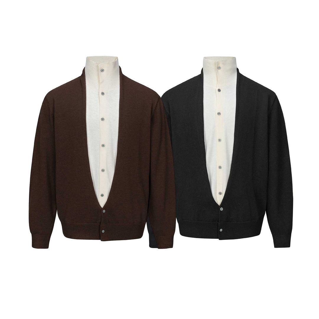 Herren Feinstrick-Layering-Cardigan mit tiefem V-Ausschnitt und integriertem Polokragen Echoarchiv