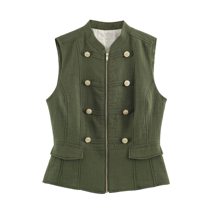 Damen taillierte Military-Weste mit Stehkragen, goldenen Zierknöpfen, Reißverschluss und aufgesetzten Klappentaschen – Célinea