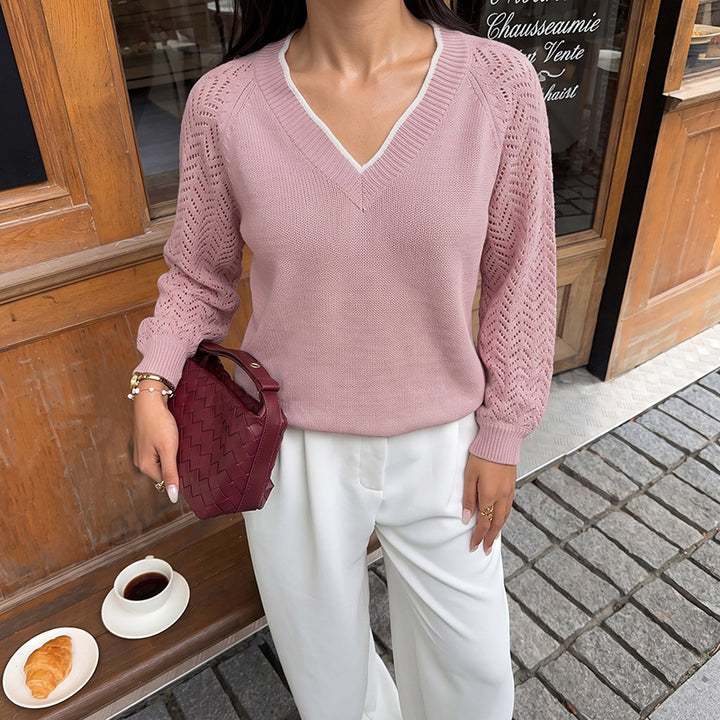 Damen Eleganter Pullover mit Lochmuster und V-Ausschnitt Echo Archiv