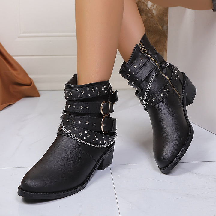 Damen Nietenbesetzte Stiefelette mit Ketten‑ und Schnallen‑Details – Varelle