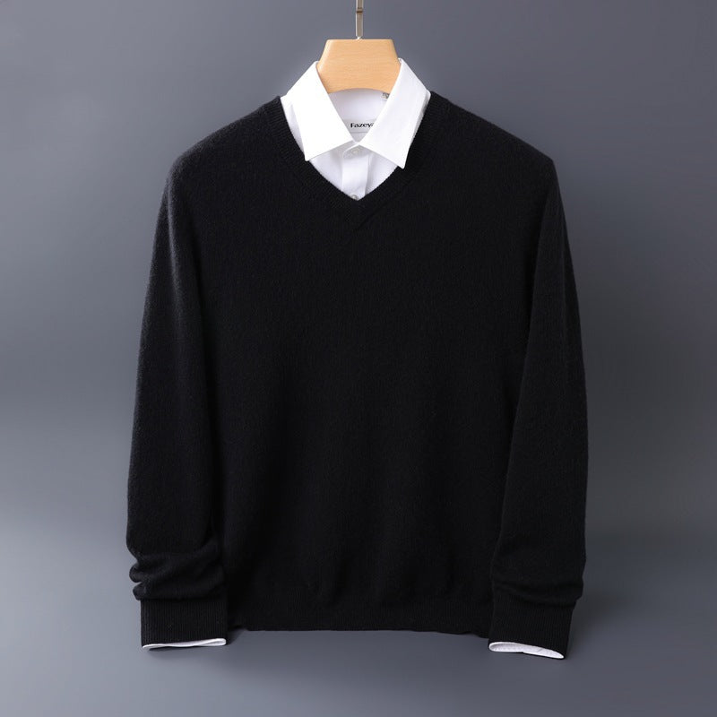 Herren Feiner V-Ausschnitt-Pullover aus Merino-Kaschmir-Mix mit gerippten Bündchen Echoarchiv